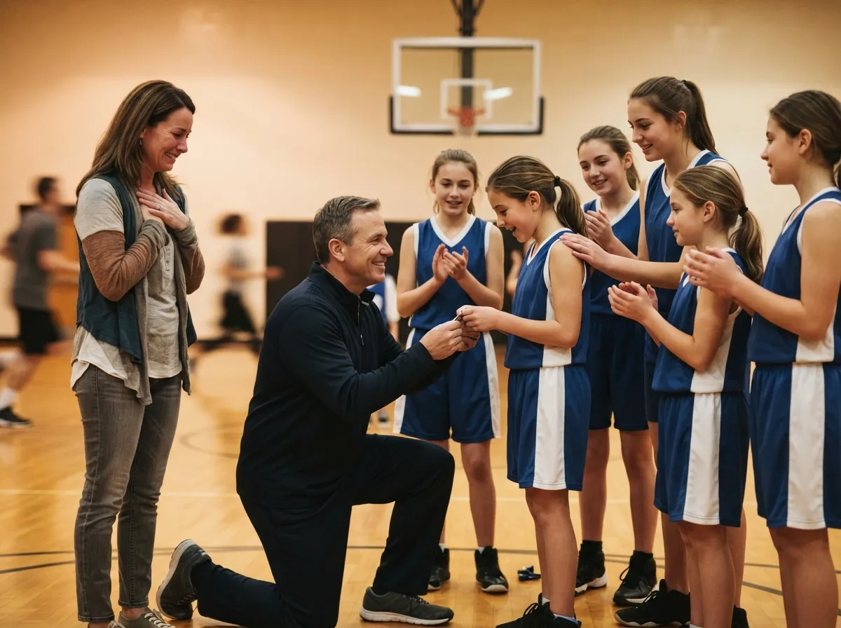 Coach and teammates share an emotional senior night moment with a young basketball player.