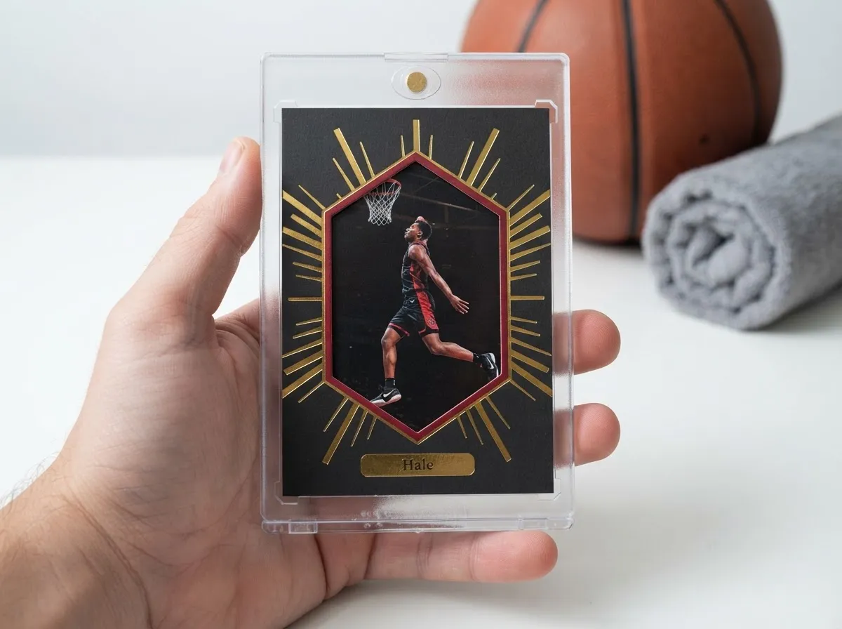 Custom basketball trading card in magnetic case with gold foil die-cut spotlight design.