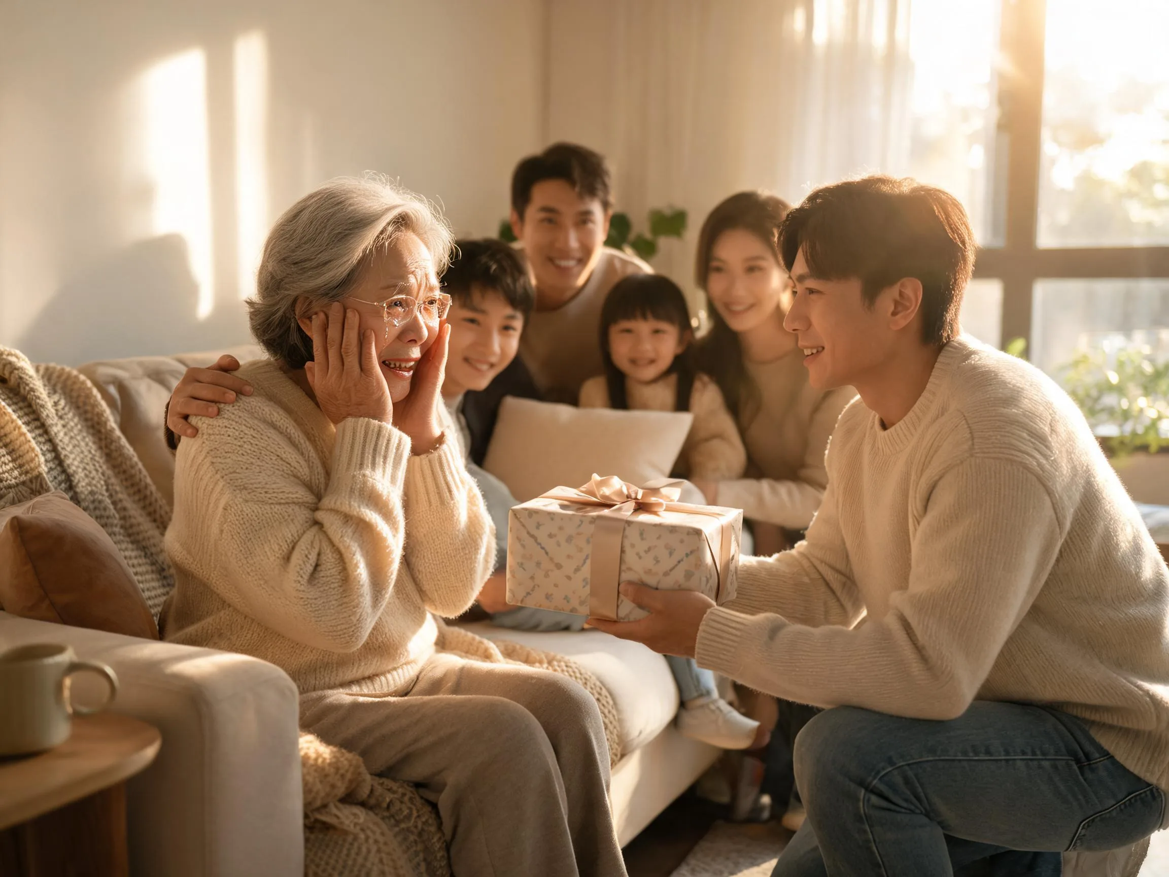 Family member reacting with tearful surprise while receiving an unexpected heartfelt gift indoors