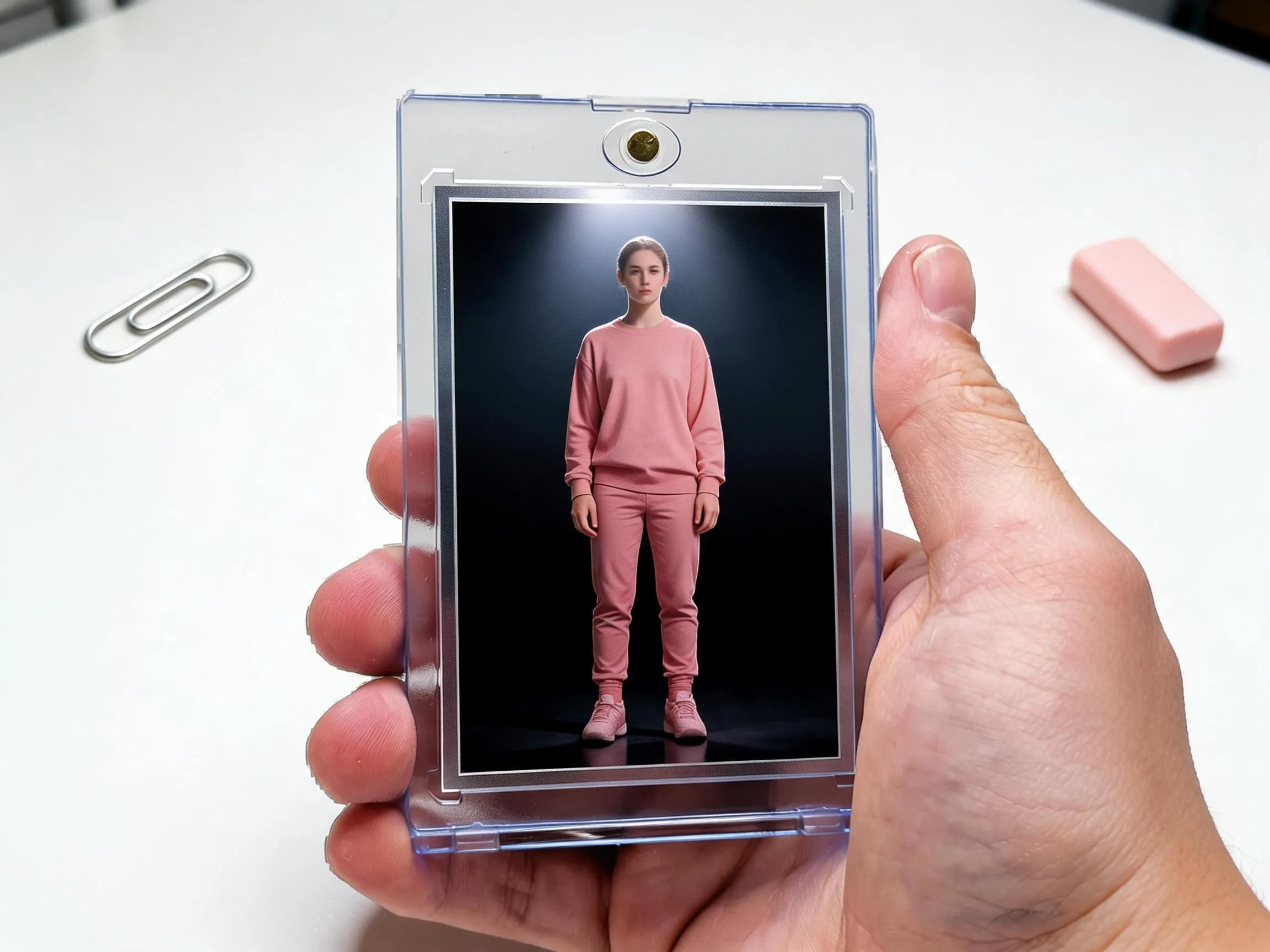 Custom keepsake trading card in magnetic case displayed on white tabletop shelf