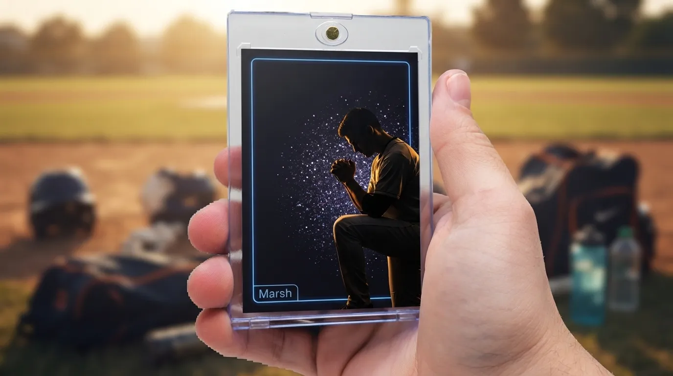 Hand holding magnetic case with dramatic dark prayer cards trading card, golden-hour athletic field background.