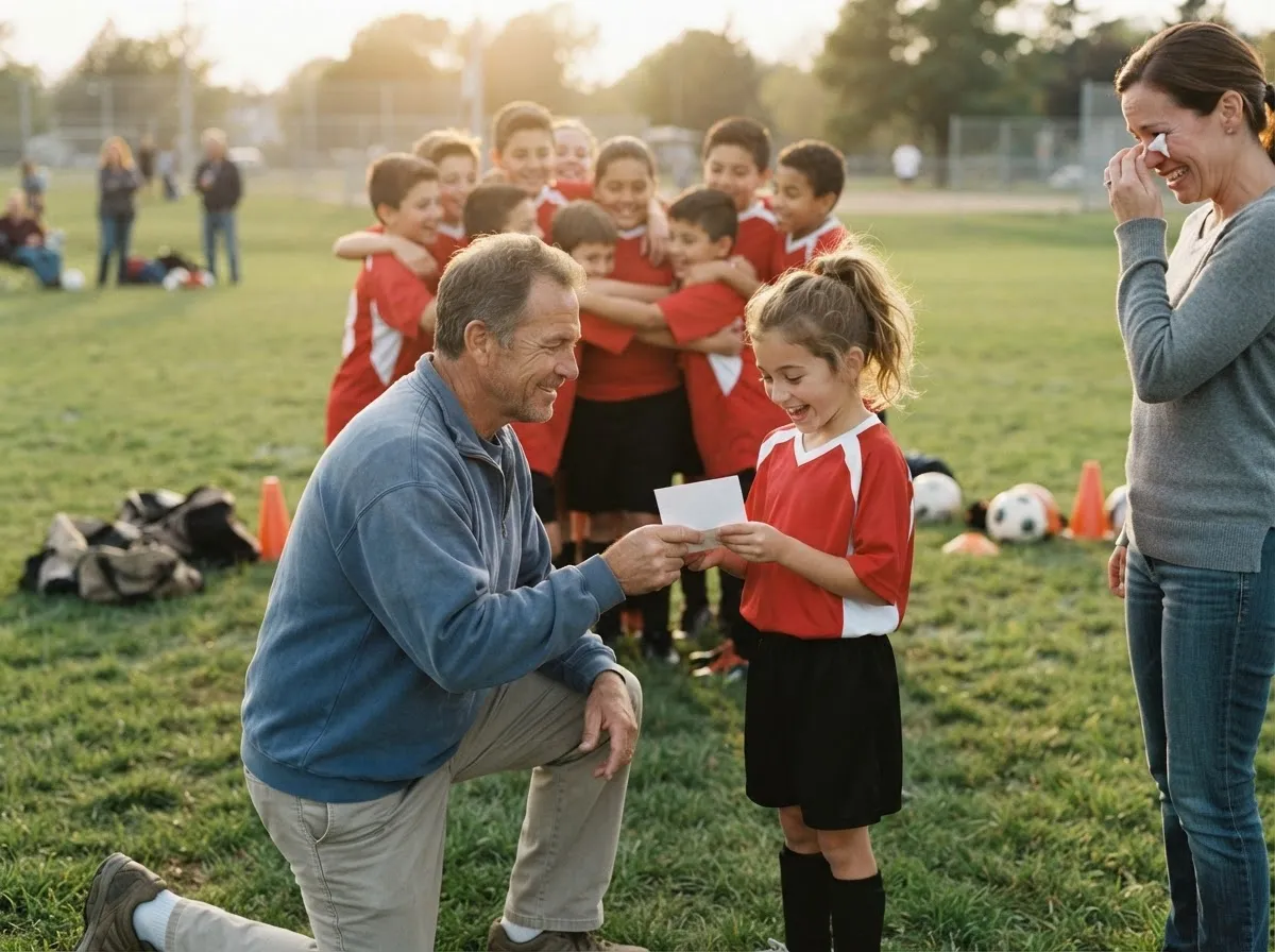 Coach and young athlete share emotional moment on field as parent and team look on.
