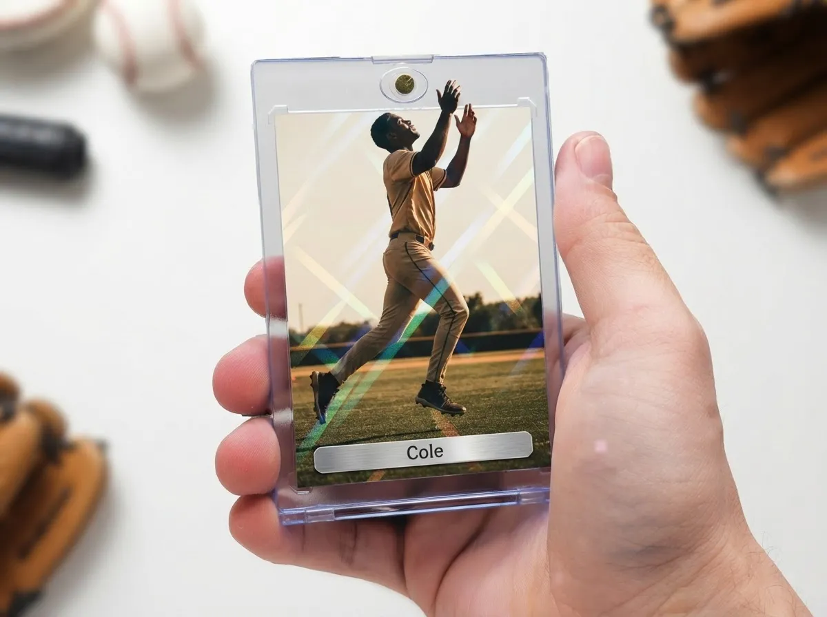 Custom sports trading card in magnetic case, chrome refractor finish, athlete cut out at top edge.