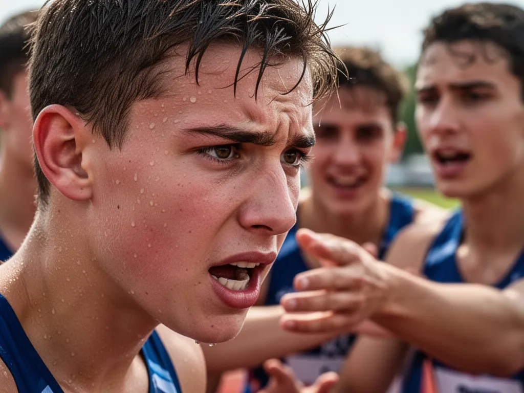 Young athlete's concentrated face during competition with supportive teammates visible in soft focus background