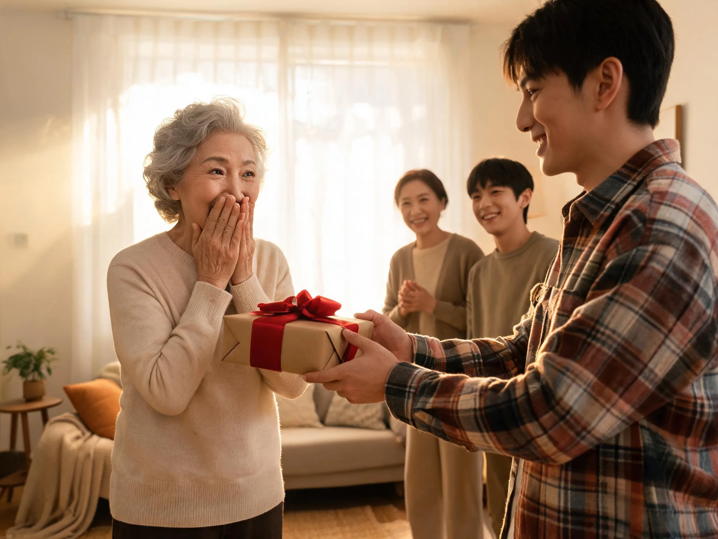Family member reacting with joyful surprise while receiving an unexpected wrapped gift.