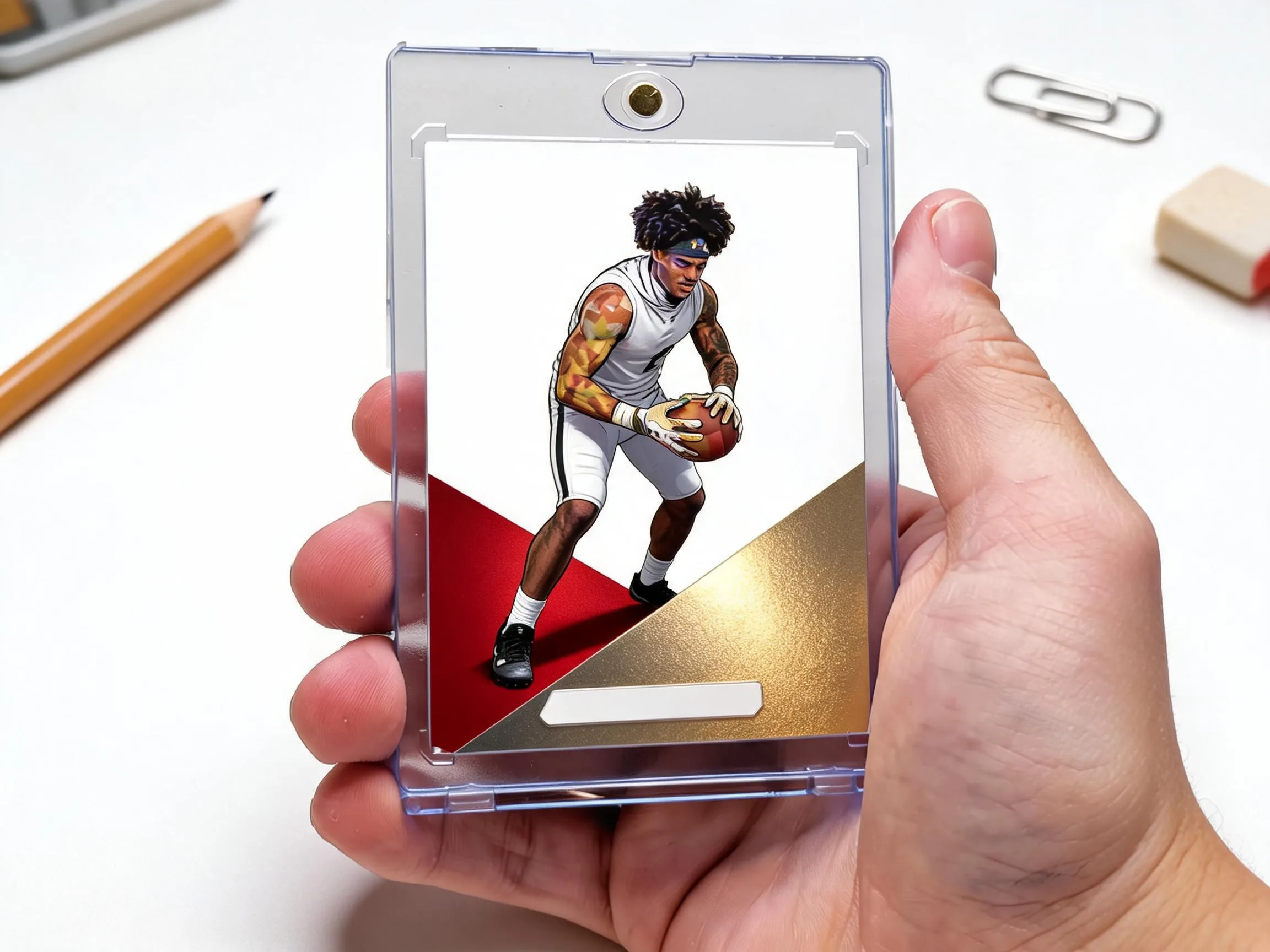 Custom keepsake trading card in a clear magnetic case on a white tabletop.