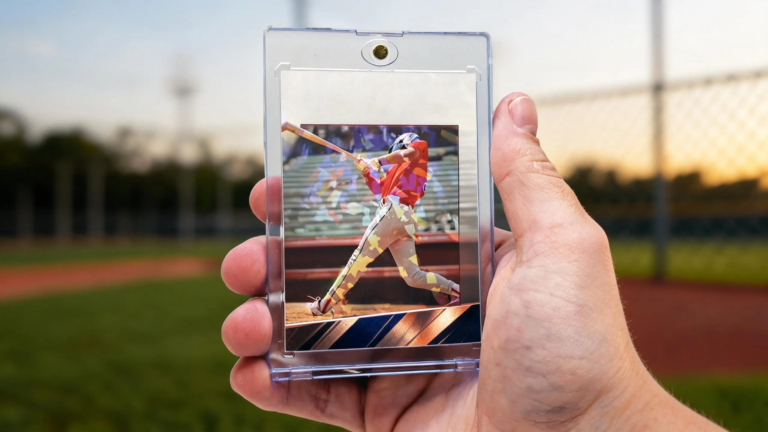 Hand holding magnetic case with print baseball cards batter design at golden-hour ballpark.