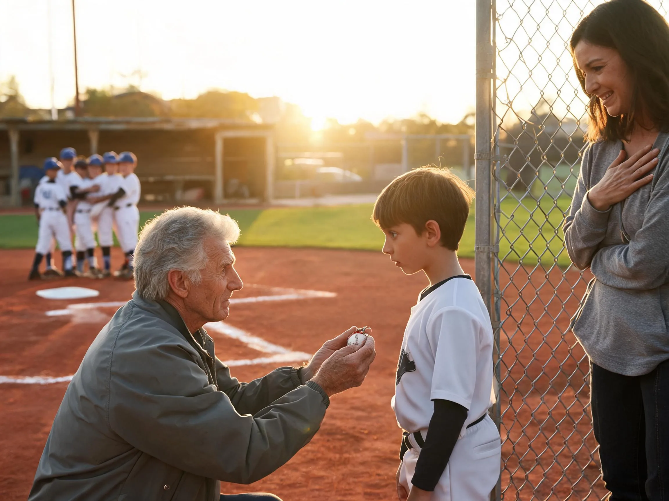 Coach shares a warm moment with a young athlete beside a sunny baseball dugout.
