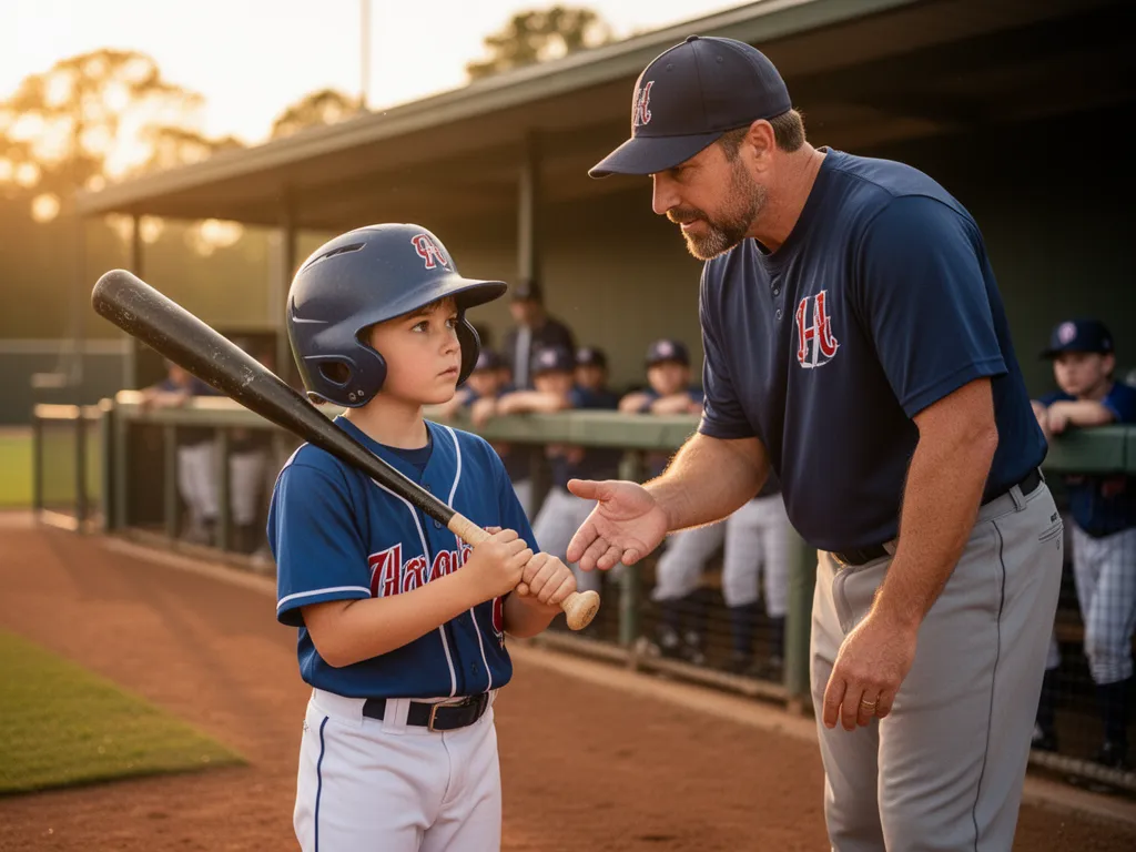 Young baseball player receives coaching instruction from mentor at home plate during practice
