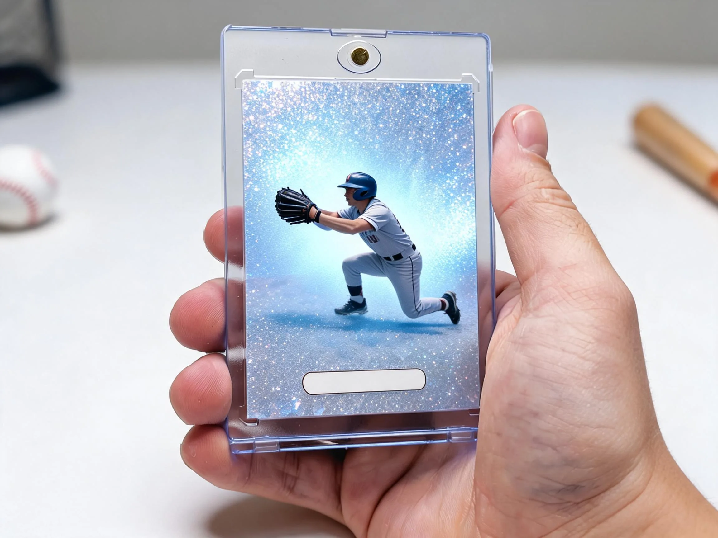Custom baseball trading card in clear magnetic case, icy blue refractor design.