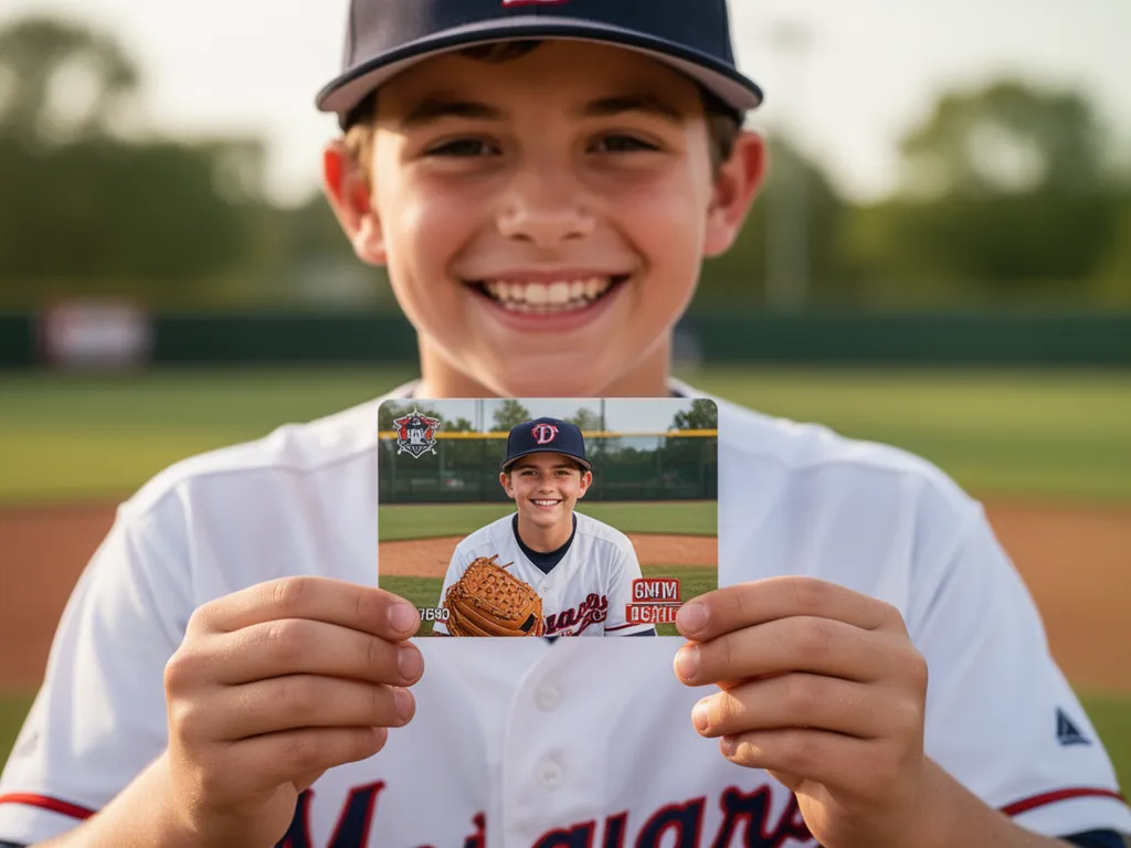 [Youth baseball player proudly holding personalized custom baseball card with own photo printed on it]