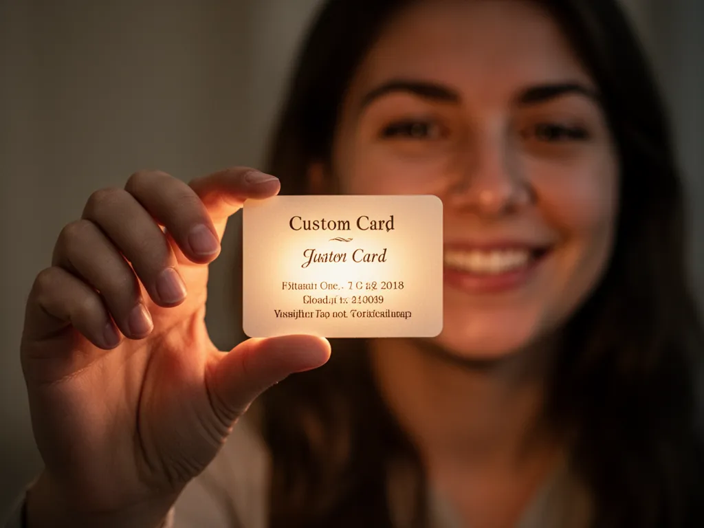 [Person holding up custom trading card to light, examining the detailed card design closely]