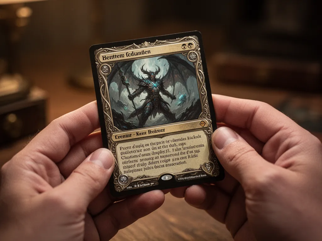 [Collector's hands carefully holding a custom-designed MTG card showing detailed artwork and personalization]