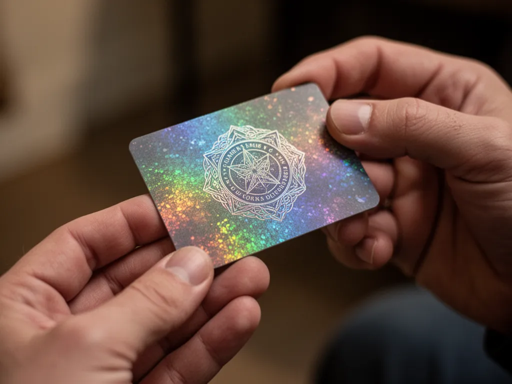 [Close-up of collector's hands holding a custom holographic Pokemon card with pride]