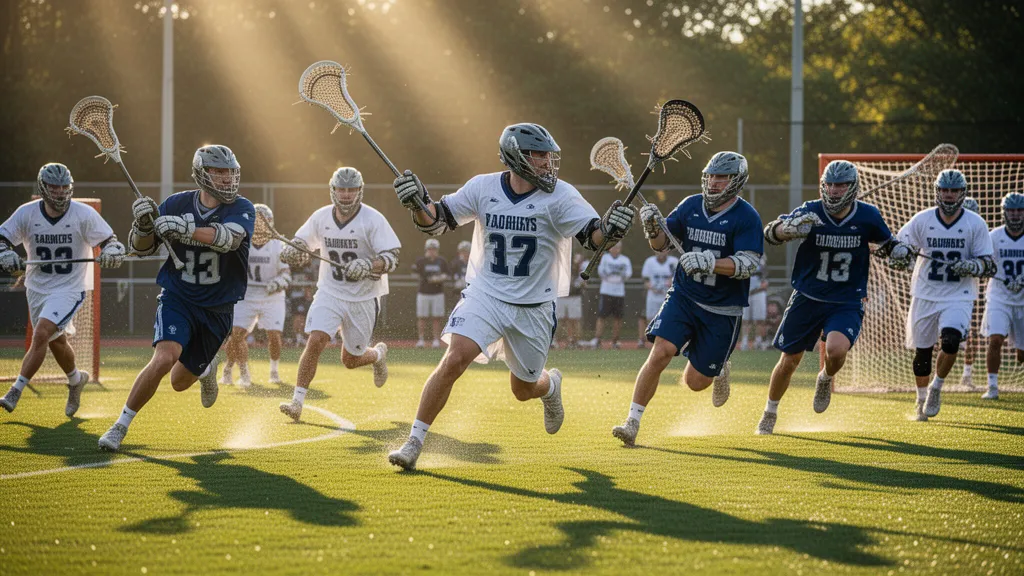 [lacrosse players in action during outdoor game with natural sunlight and dynamic movement]