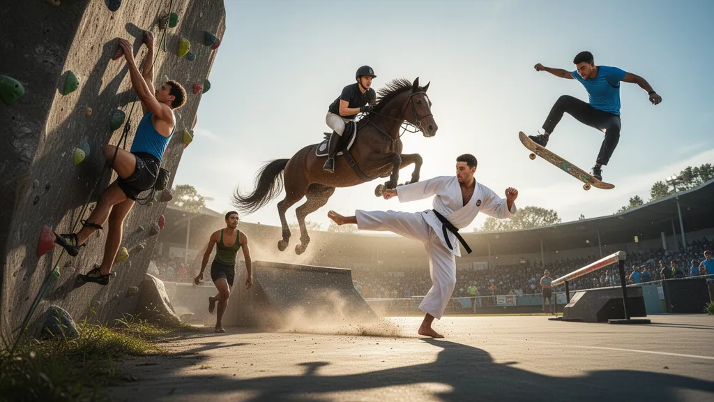 Multiple athletes competing in different sports simultaneously outdoors in natural daylight
