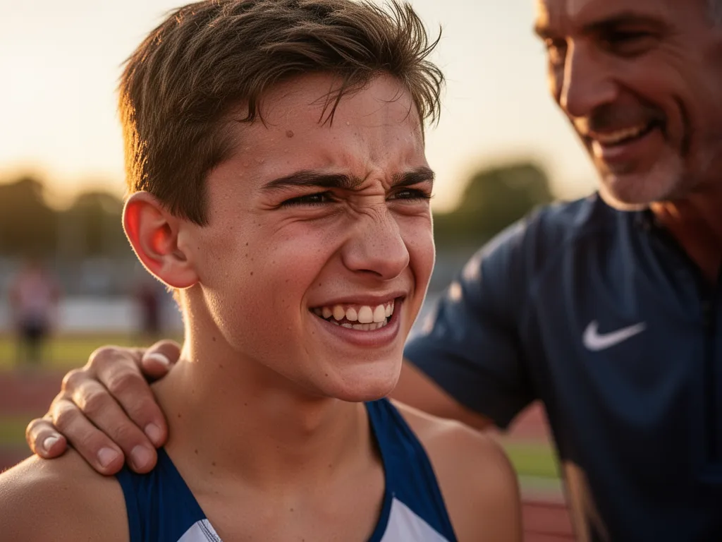 Young athlete with proud expression receiving encouragement from coach after competition