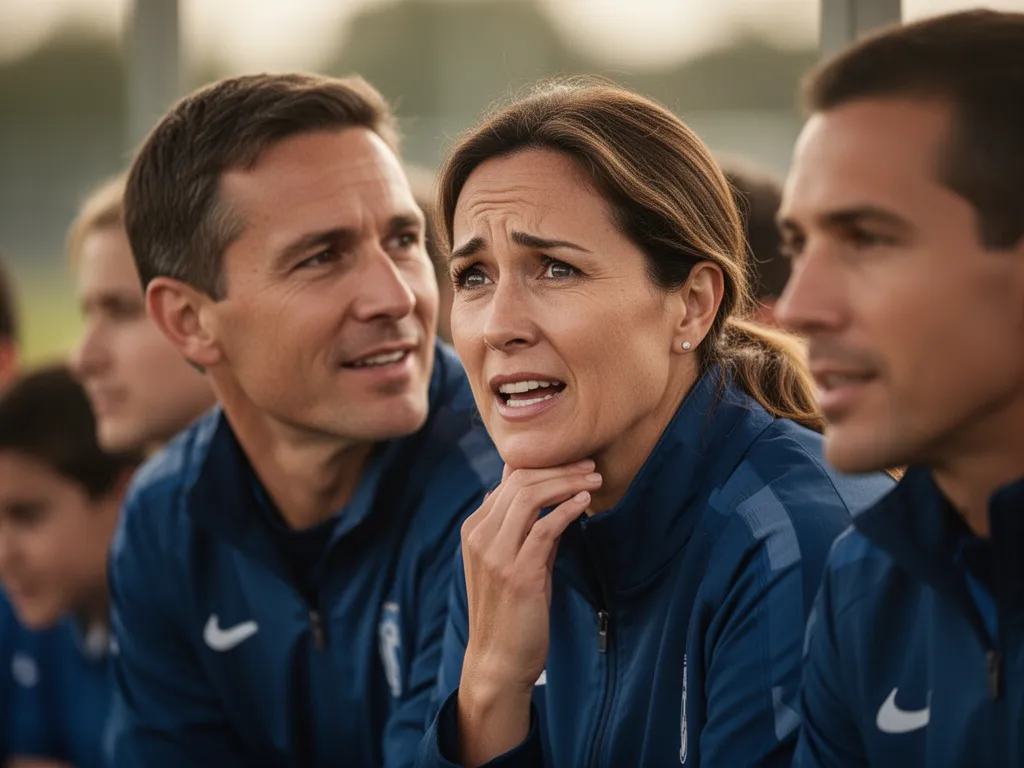 [Coach or parent watching game with proud expression and emotional connection]