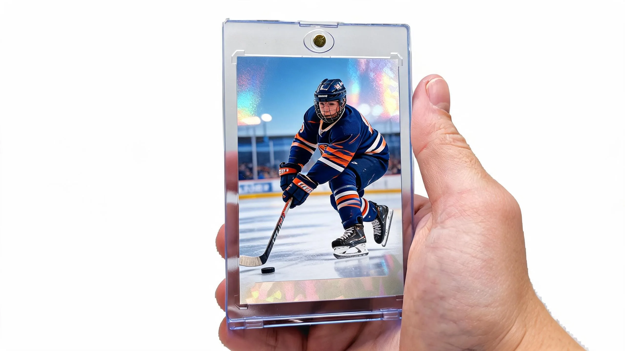 Hand holding magnetic case with print hockey cards showing a slapshot action photo card.