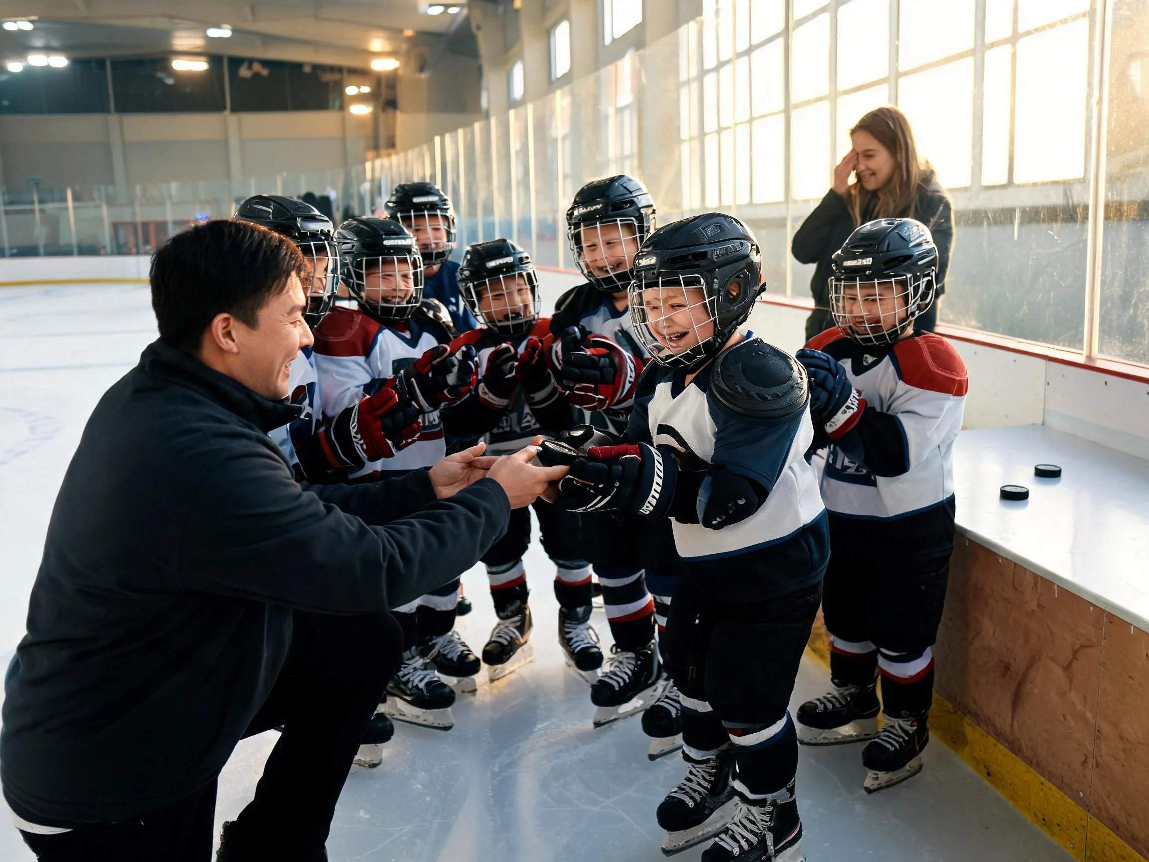 Coach and cheering teammates celebrate with a young hockey player at the rink.