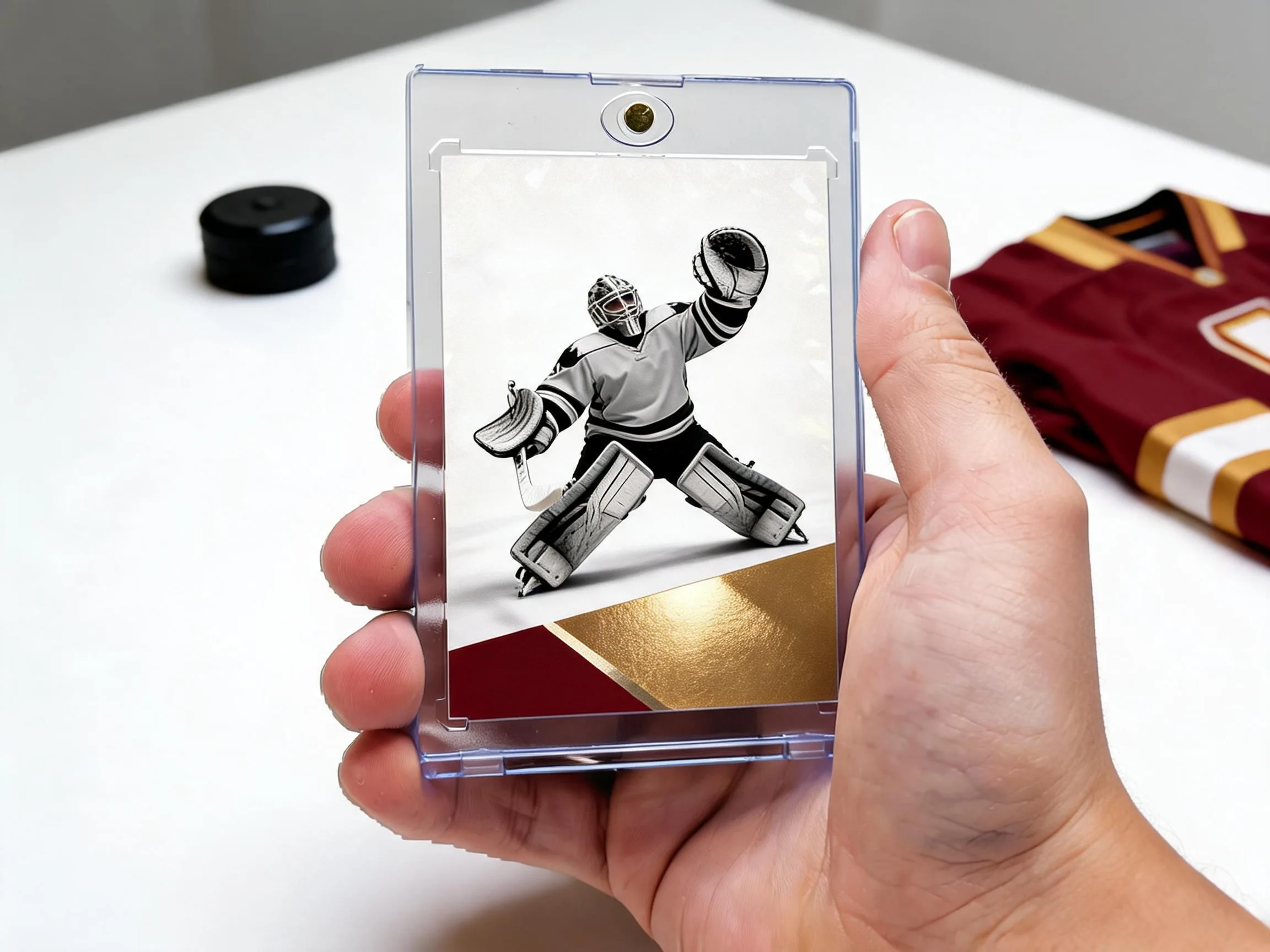 Custom hockey trading card in a clear magnetic case with a diagonal gold band.