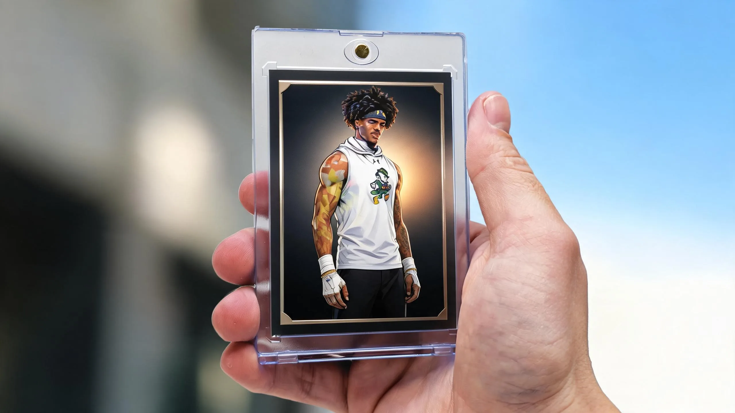 Hand holds print holographic cards in a magnetic case, stadium-night design, sunny blue sky background.