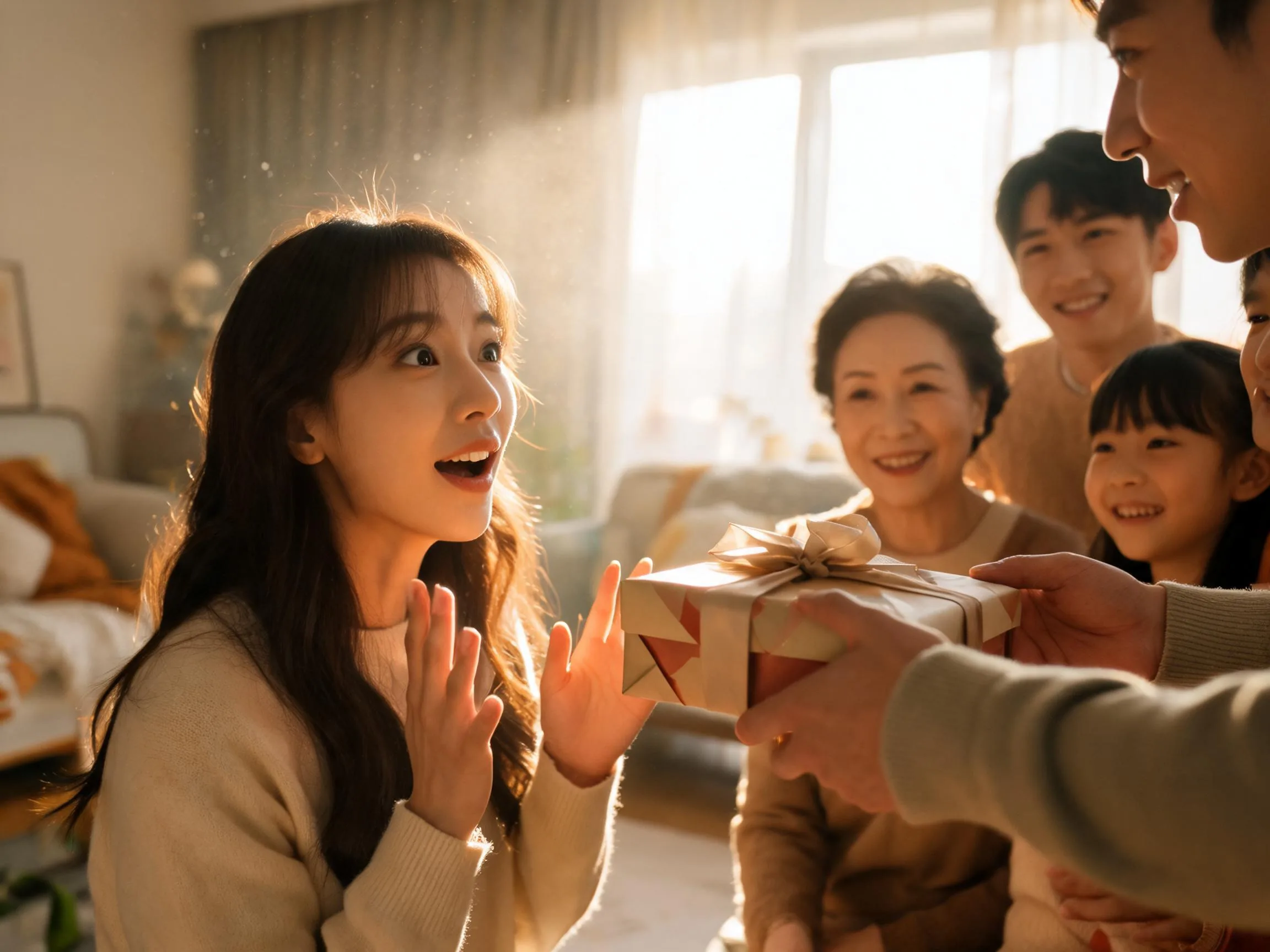 Person reacts with genuine surprise while being handed an unexpected wrapped gift indoors.