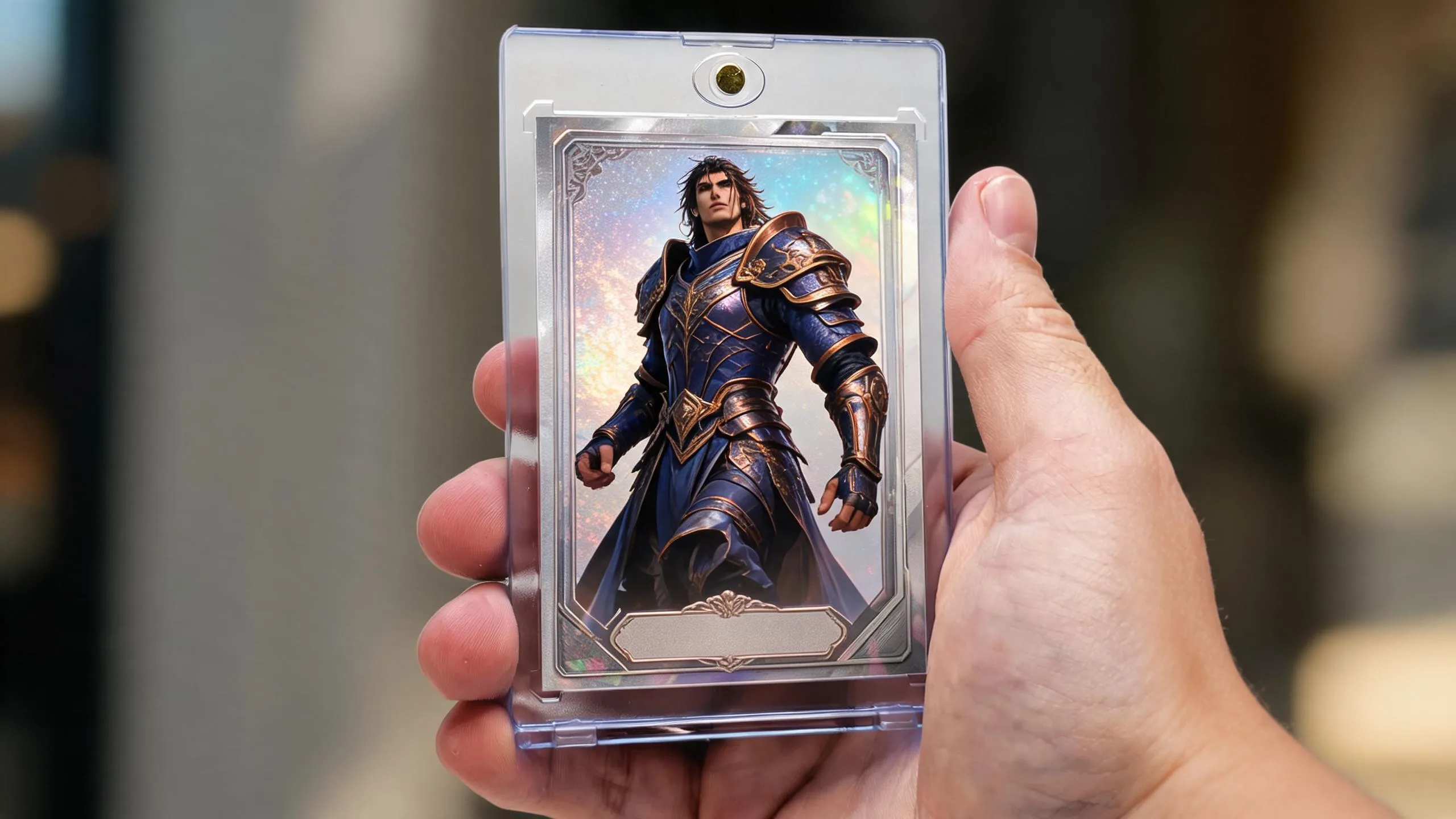 Hand holding a magnetic case with a holographic fantasy card, for print mtg proxies.