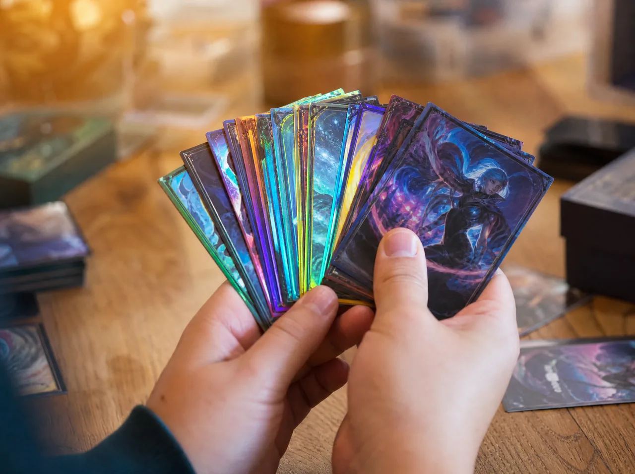 Hands fanning a stack of freshly printed premium trading cards