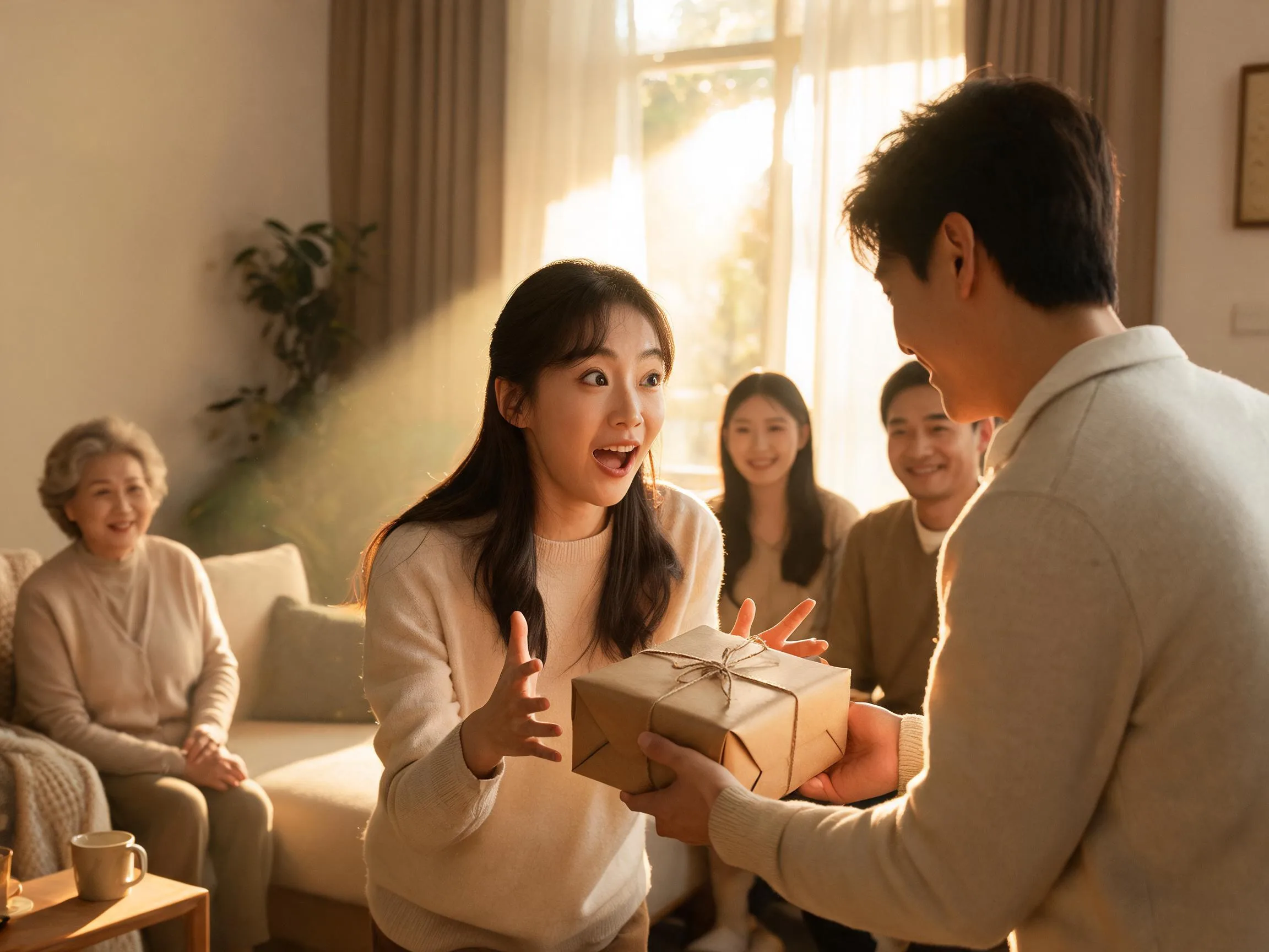 Person reacting with genuine surprise to an unexpected gift in warm natural light.