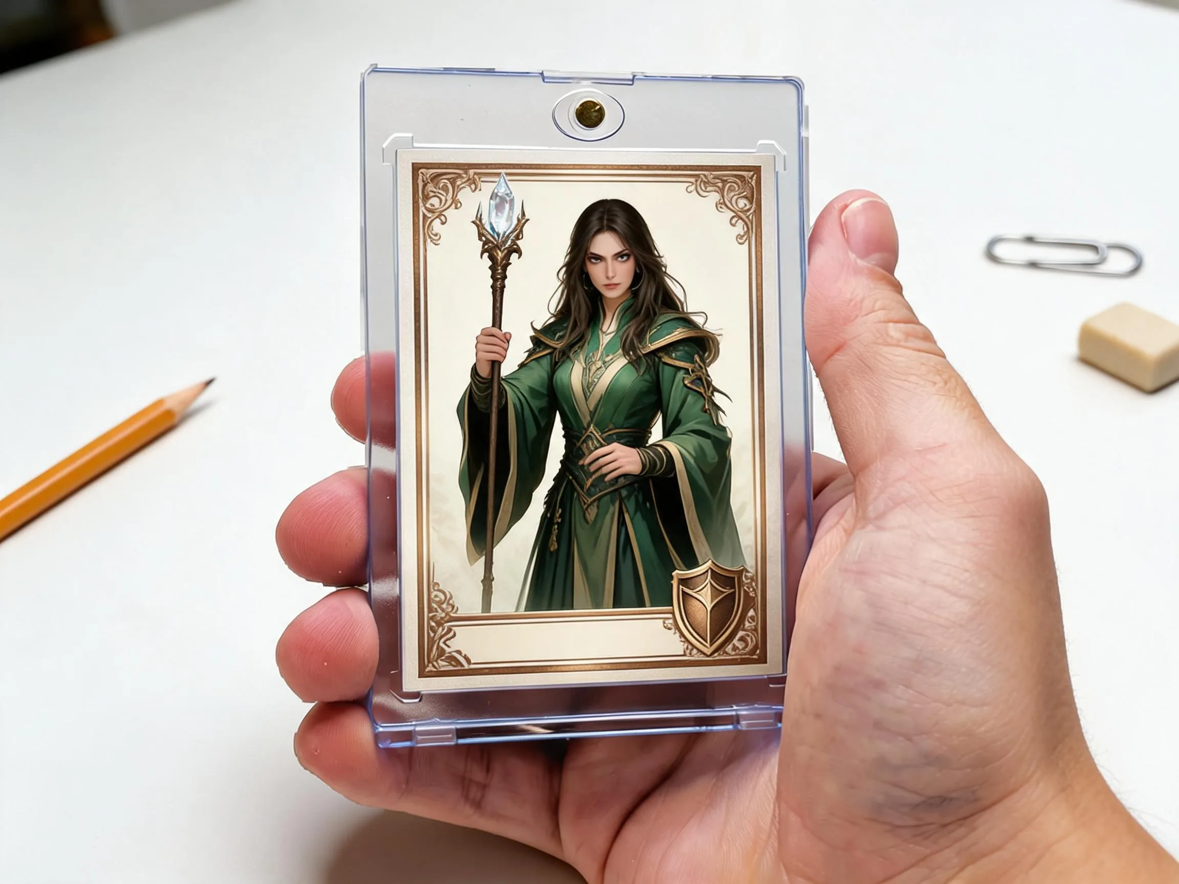 Custom keepsake trading card in a magnetic case displayed on a white tabletop.