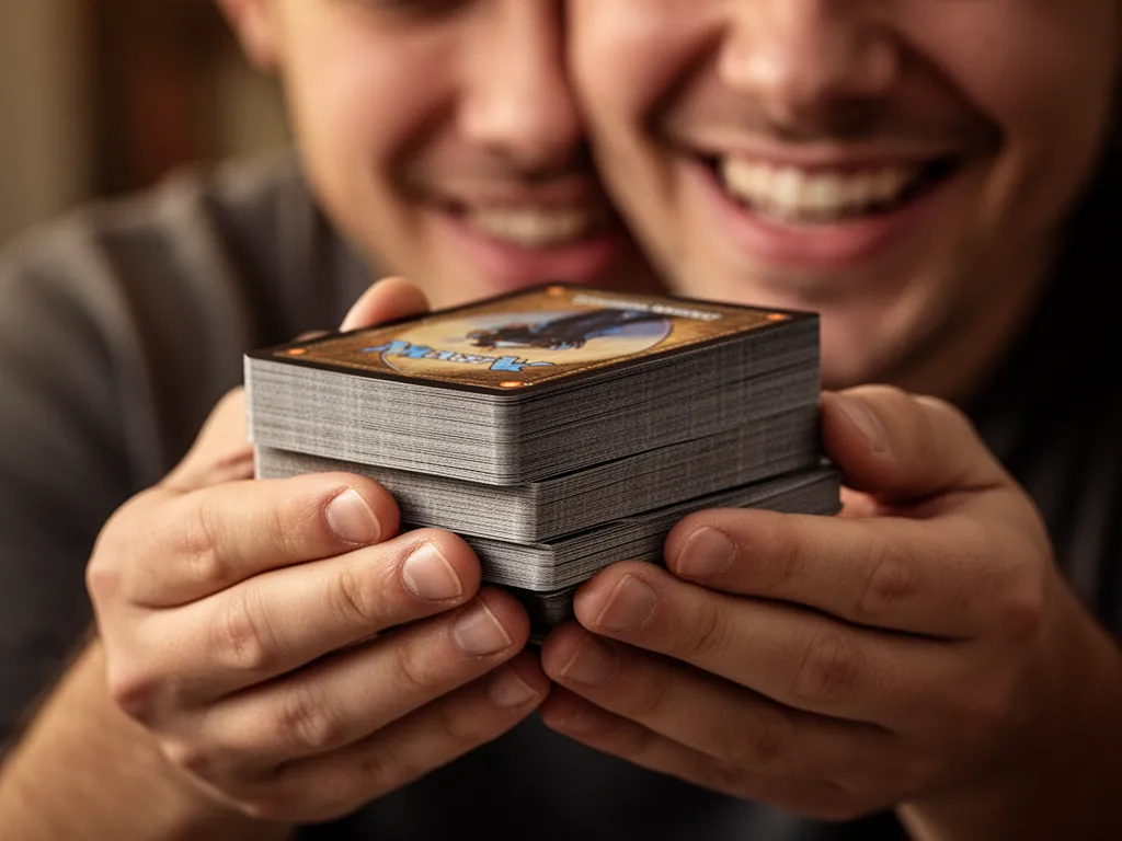 Hands holding stack of newly printed Magic trading cards with visible detail and collector showing satisfaction