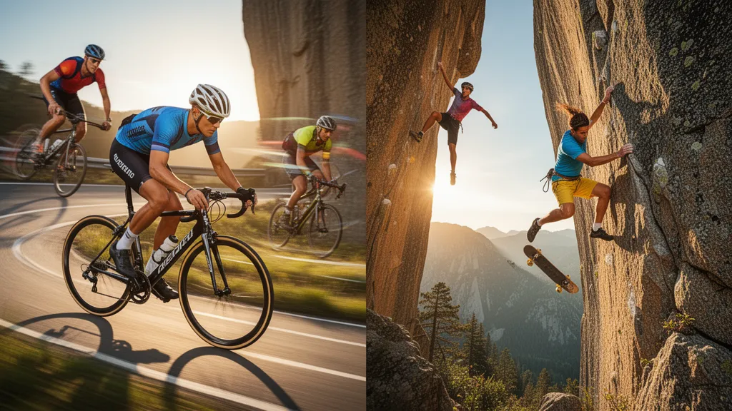 Multiple athletes competing in different sports captured mid-action outdoors with natural lighting