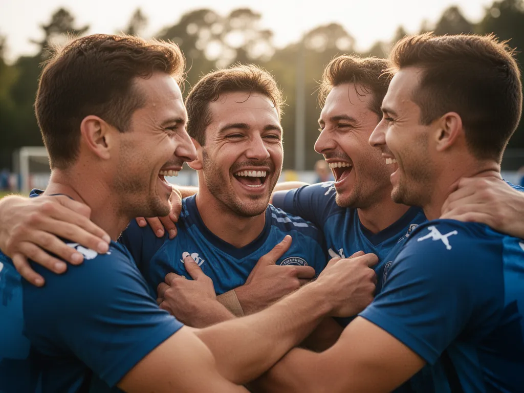 [Teammates embracing in celebration with genuine joy and connection after sporting event]