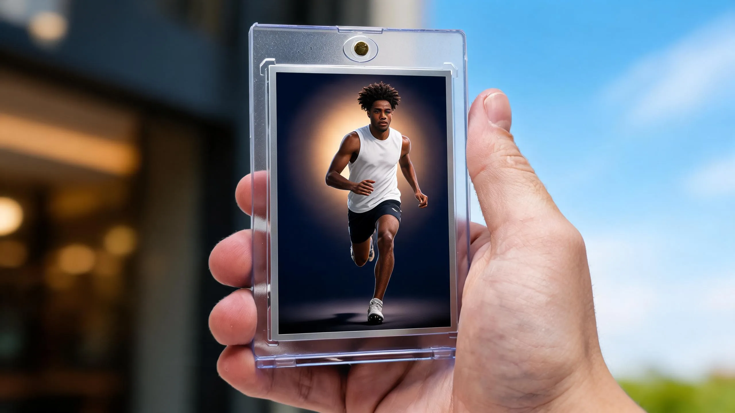 Hand holding magnetic case with custom athlete card, demonstrating how to print playing cards at home.