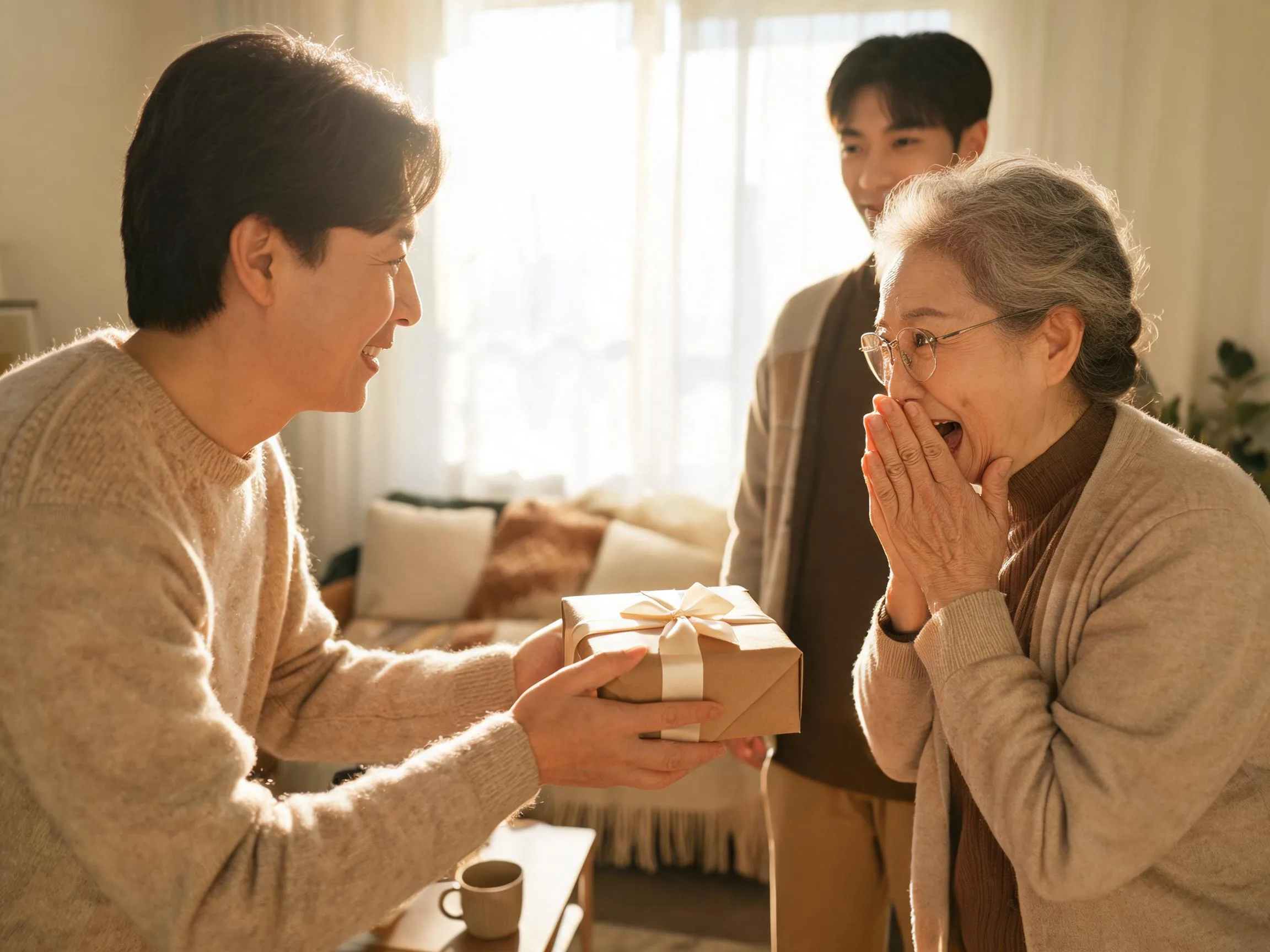 Family member reacting with genuine surprise to an unexpected gift in warm light.