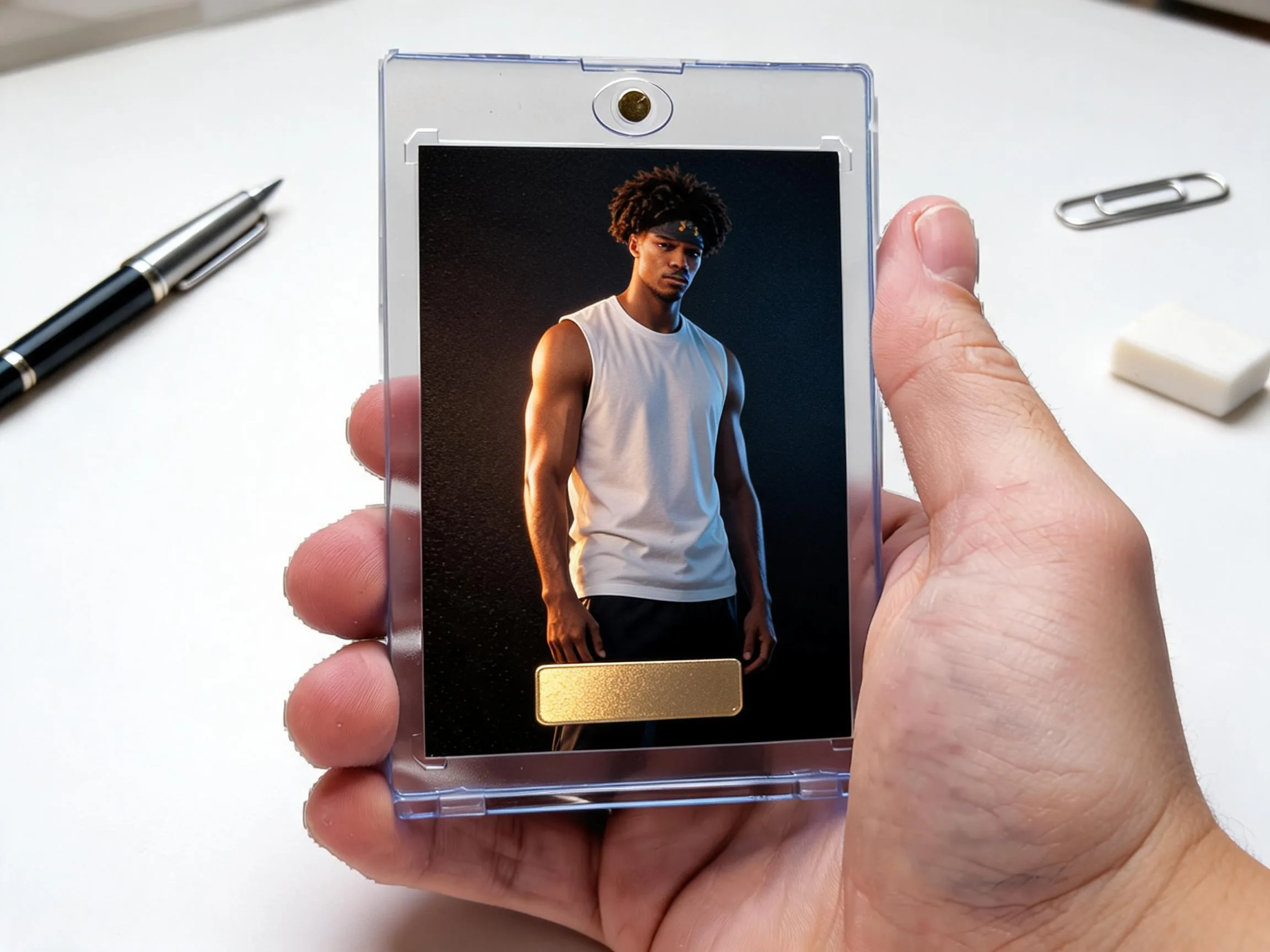 Custom keepsake trading card displayed upright in a clear magnetic protective case.
