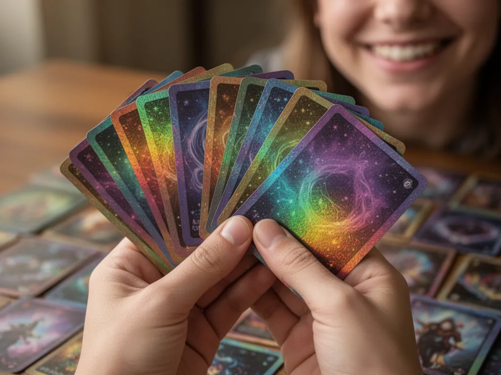 Hands displaying prized holographic trading cards with genuine emotion and collection pride visible