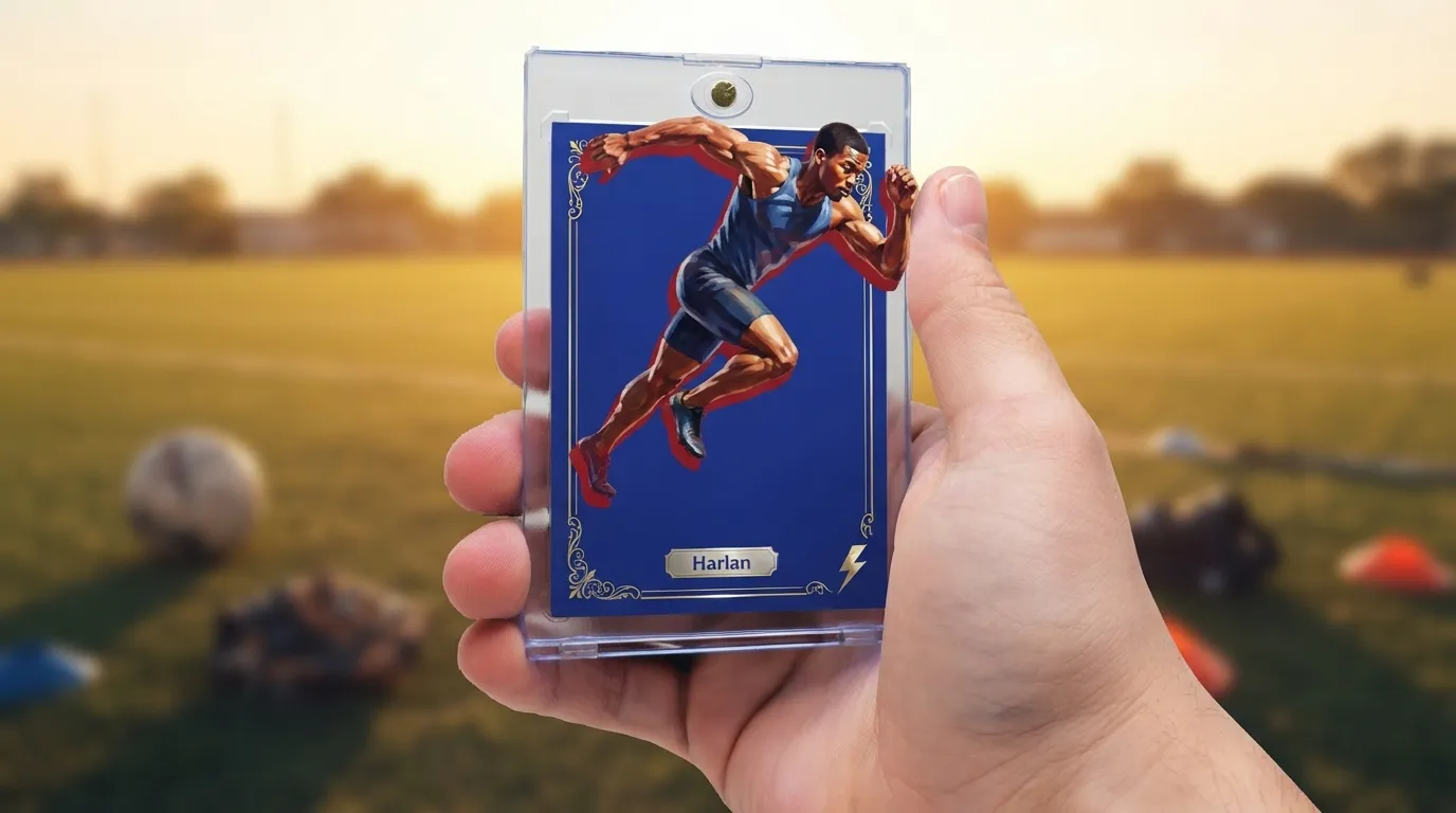 Hand holds magnetic case with print pokemon cards style athlete card on sunlit field.