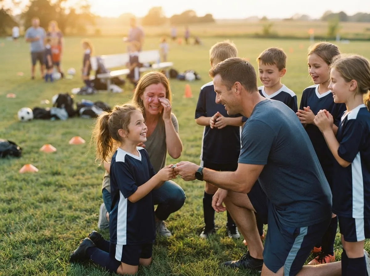 Coach and young athlete share emotional moment as team celebrates on sunlit field.