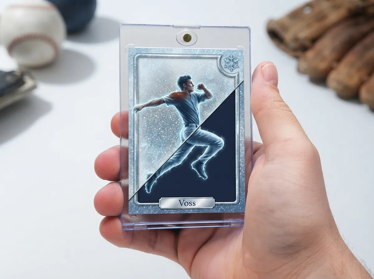 Custom sports trading card in magnetic case showing icy blue refractor athlete design.
