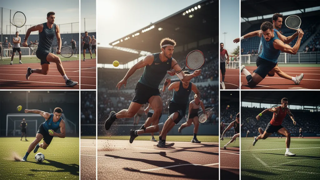 Multiple athletes competing dynamically outdoors in various sports with natural lighting and motion blur