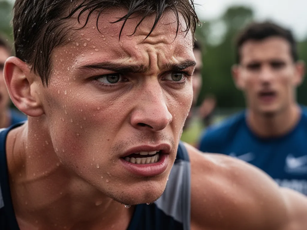 Close-up portrait of focused athlete showing determination and emotion during competitive moment