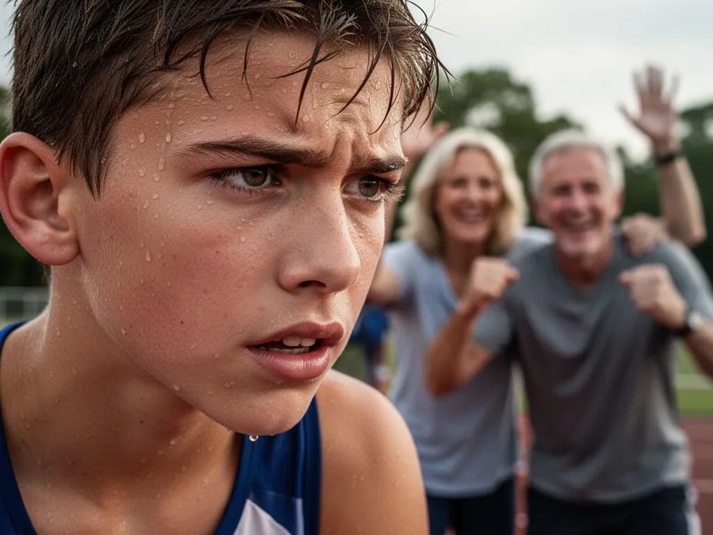 [Young athlete's determined expression during competition with supportive parents celebrating in background]