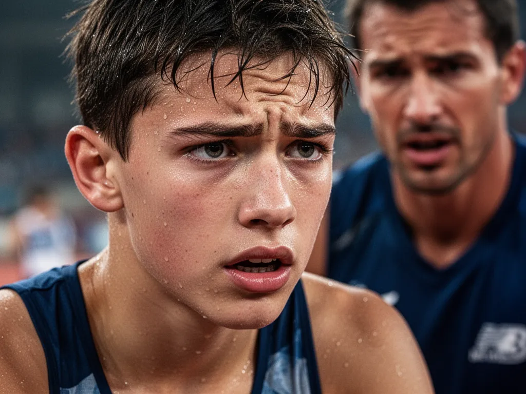 Young athlete's concentrated face showing determination during intense competitive moment