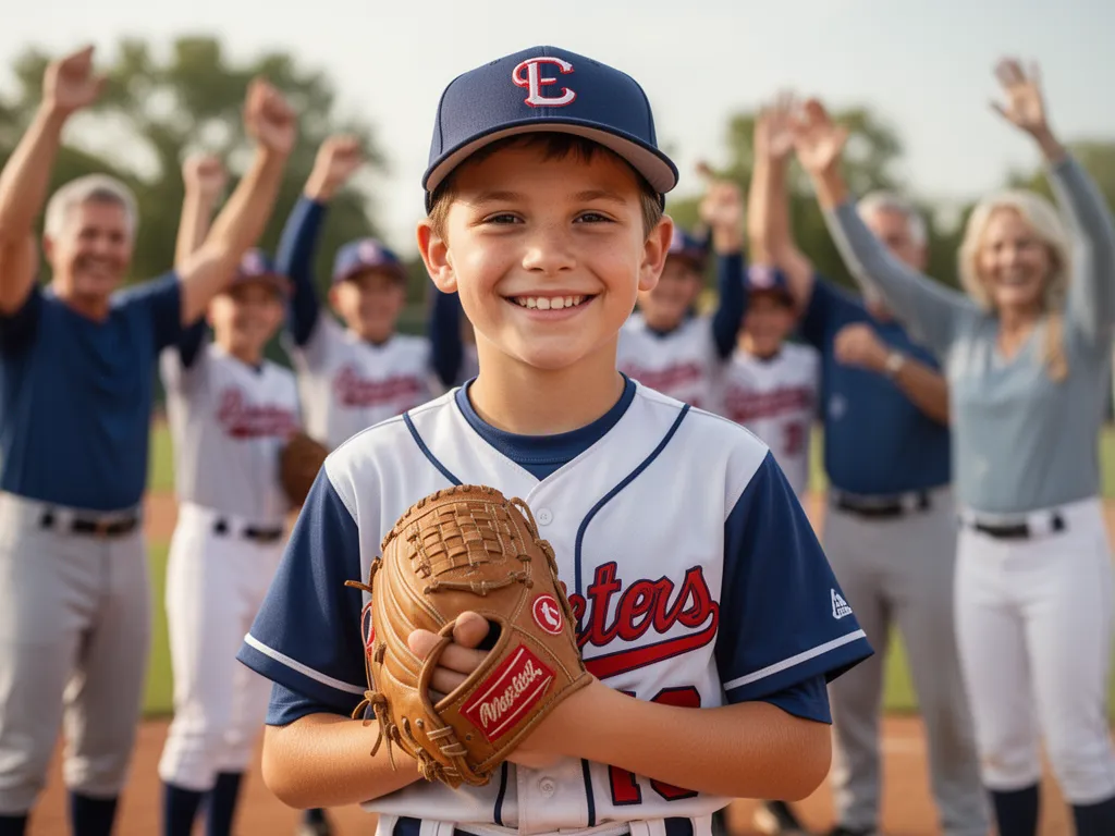 Young baseball player smiling proudly in uniform with family celebrating blurred in the background.