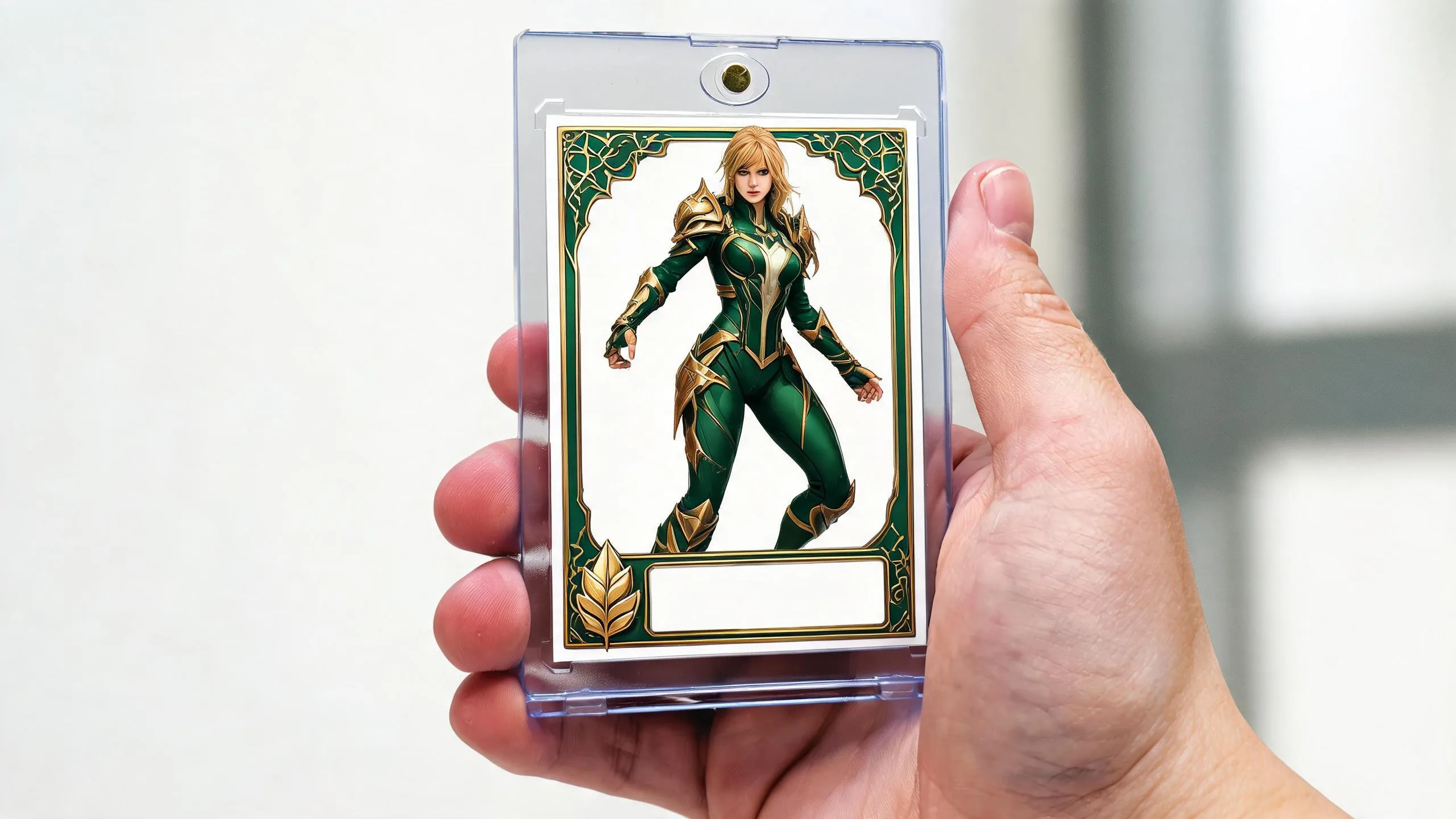 Hand holding a magnetic case with a custom illustrated card, showing how to print your own pokemon cards.