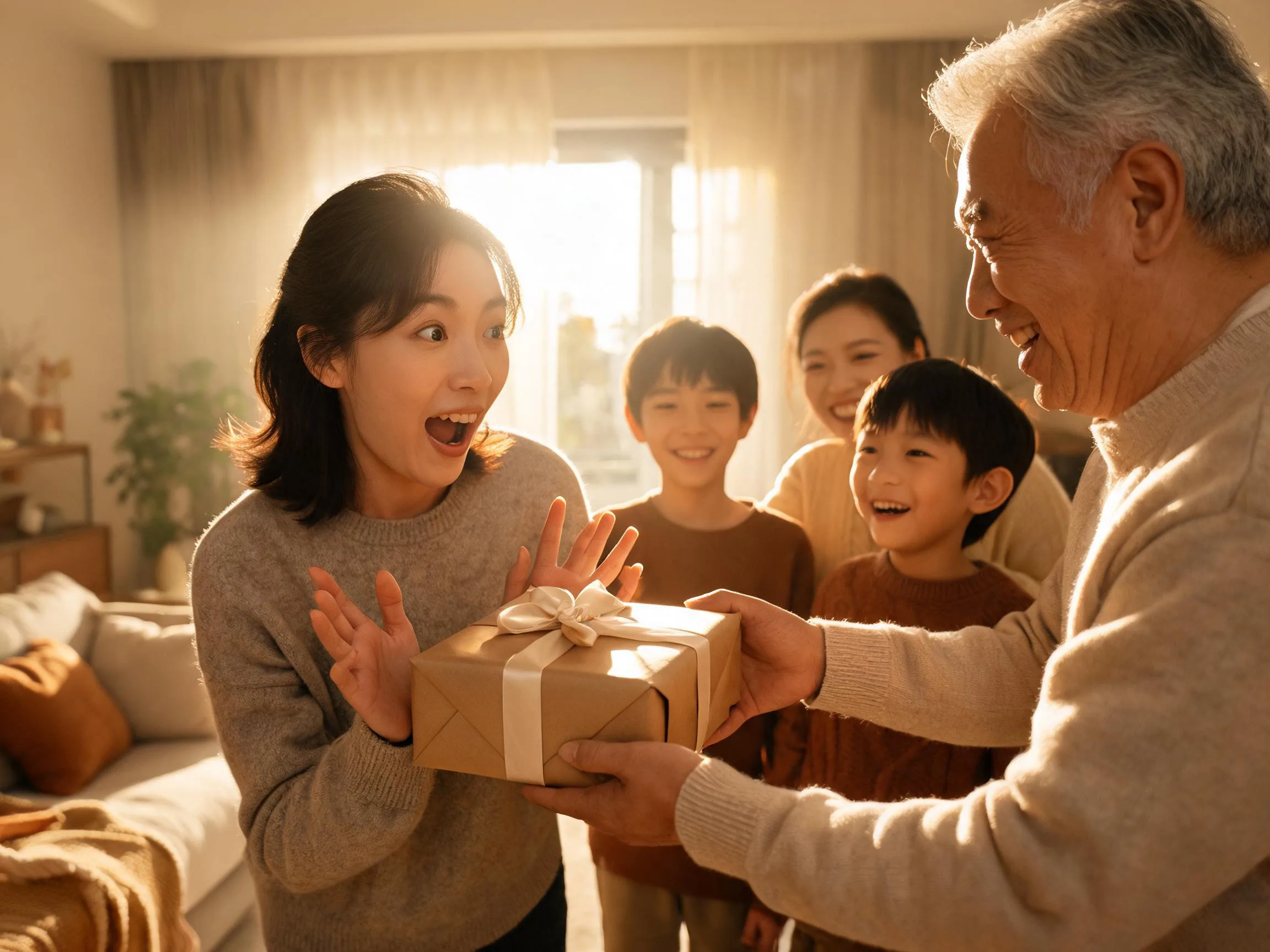 Family member reacts with joyful surprise while being handed an unexpected wrapped gift indoors.