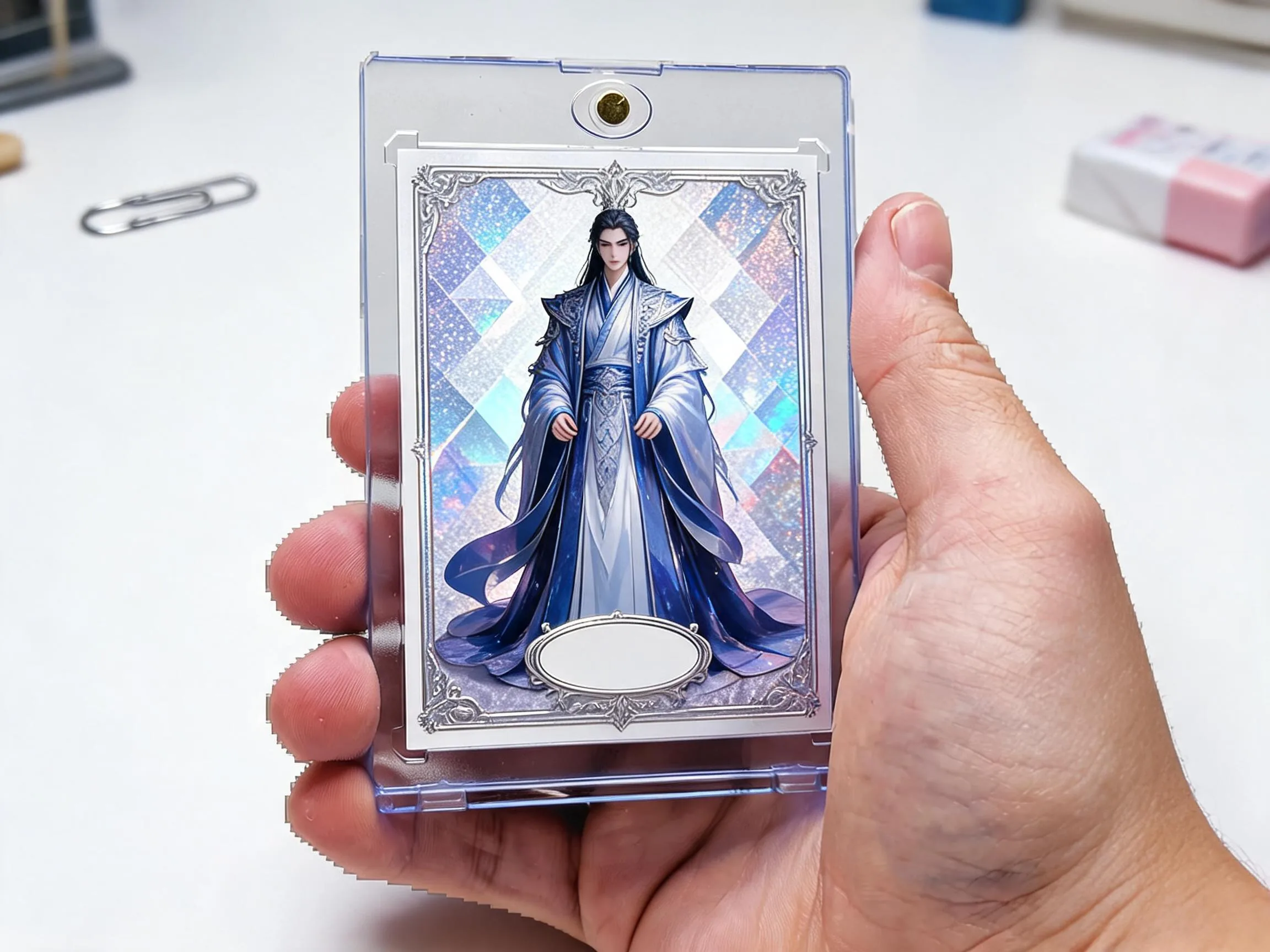 Custom keepsake trading card with holographic foil art displayed in a magnetic case.