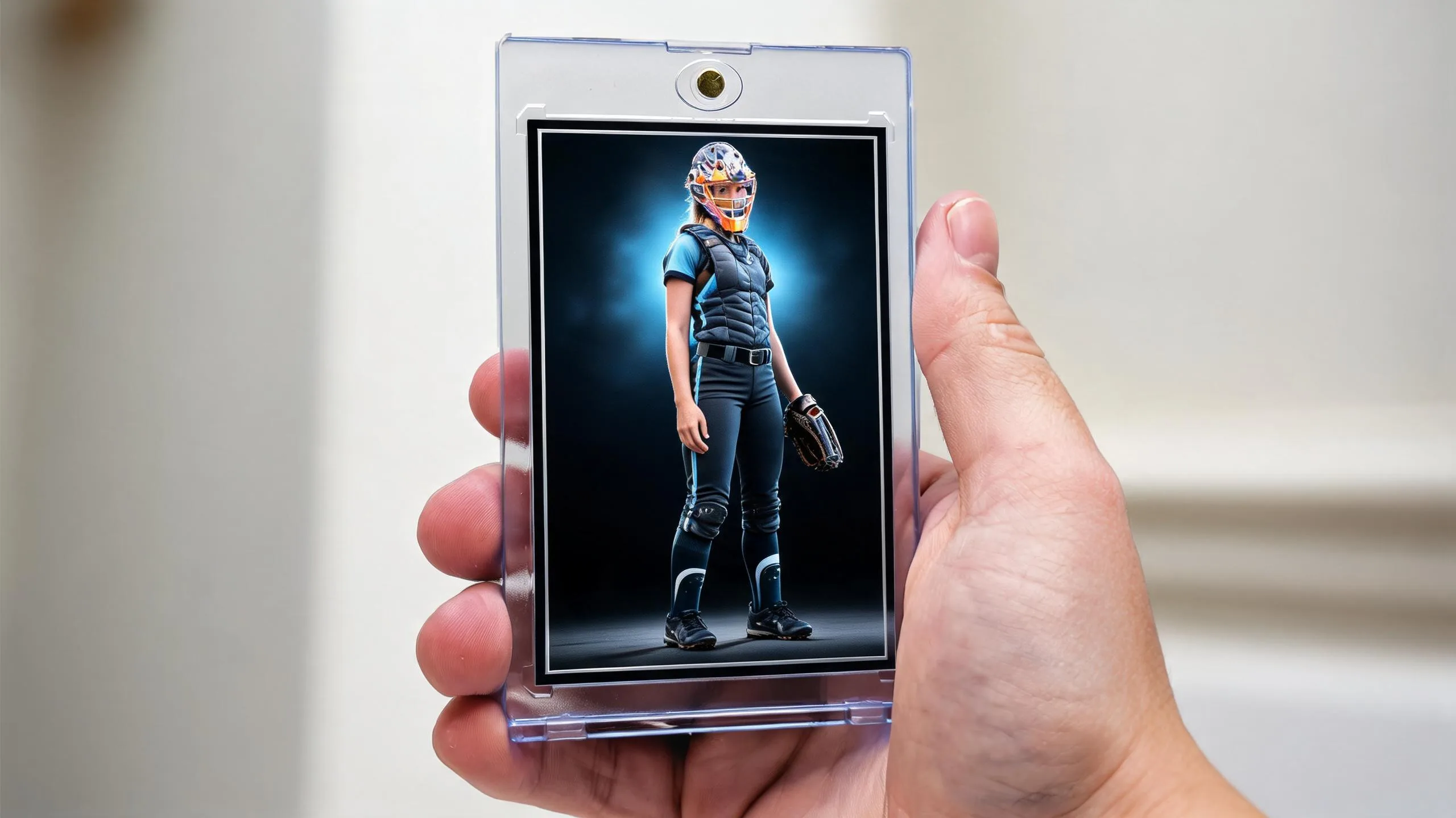 Hand holding a magnetic case with a custom stadium-night card — print your own trading cards.